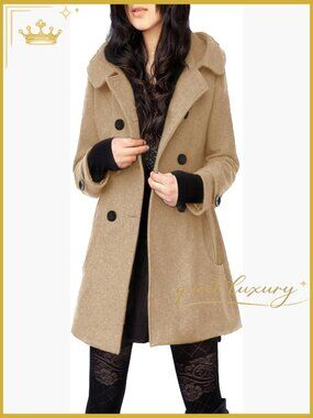 Warm Double Breasted Wool Pea Coat Trench Jacket with Hood Long Sleeve
